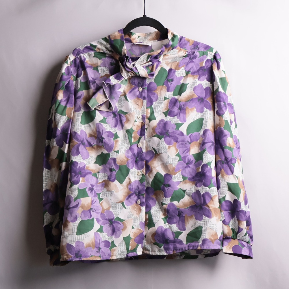 VTG Purple Floral Kitty Tie Bow Blouse Long Sleeve Top 80s Secretary Shirt Retro